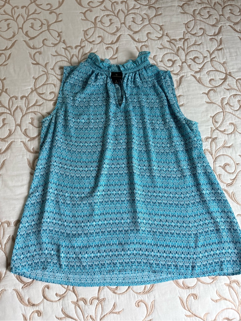 Worthington Teal Blue Patterned Ruffle-Neck Sleeveless Top